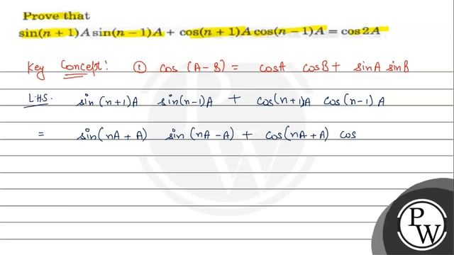 Prove that \[ \sin (n+1) A \sin (n-1) A+\cos (n+1) A \cos (n-1) A=\cos 2 A \] смотреть онлайн