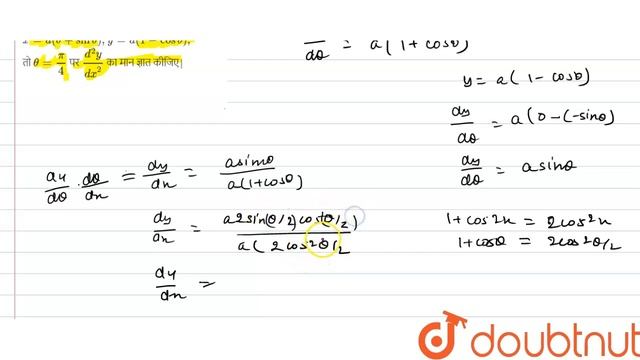 यदि ` x=a (theta +sin theta ), y=a (1-cos theta ),` तो `theta =(pi)/(4)` पर ` (d^(2)y)/( смотреть онлайн