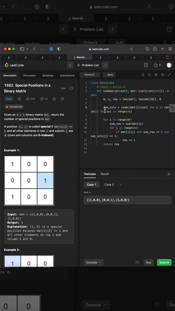 Special positions in a binary matrix #leetcode #python смотреть онлайн