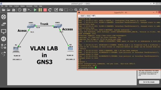 VLAN & TRUNK Configuration LAB on a New version of GNS3 (ver 1.2.3) смотреть онлайн