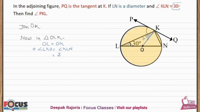 In the adjoining figure PQ is the tangent at K. If LN is the diameter and ∠ KLN = 30°, Find ∠ PKL смотреть онлайн