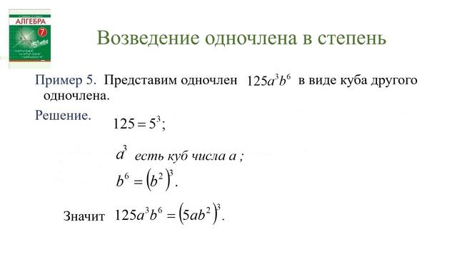 Алгебра 7класс Тема 8. Действия с одночленами смотреть онлайн