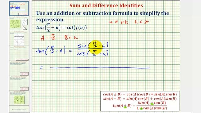 Ex: Simplify Tan(pi/2 - u) Using Sine and Cosine Difference Identity смотреть онлайн