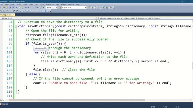 Dictionary program in C++. Vector, erase, ofstream example. смотреть онлайн