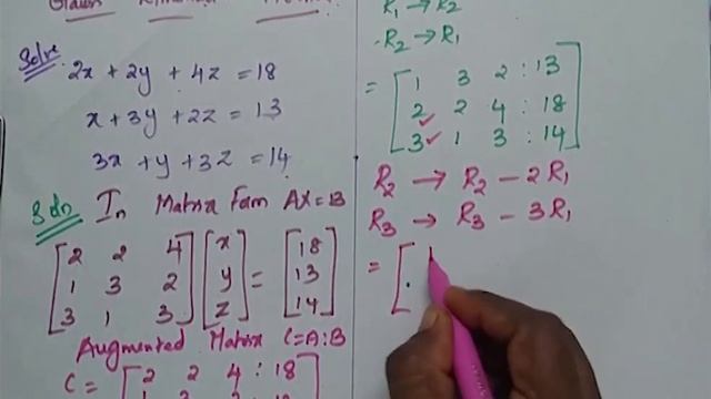 Gauss Elimination Method 2x+2y+4z=18  X+3y+2z=13 3x+y+3z=14