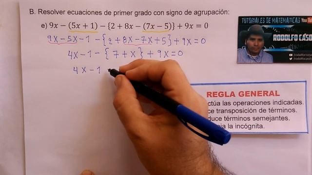 Resolver ecuaciones con signo de agrupación: e) 9x - (5x + 1) - {2 + 8x - (7x - 5)} + 9x = 0 смотреть онлайн