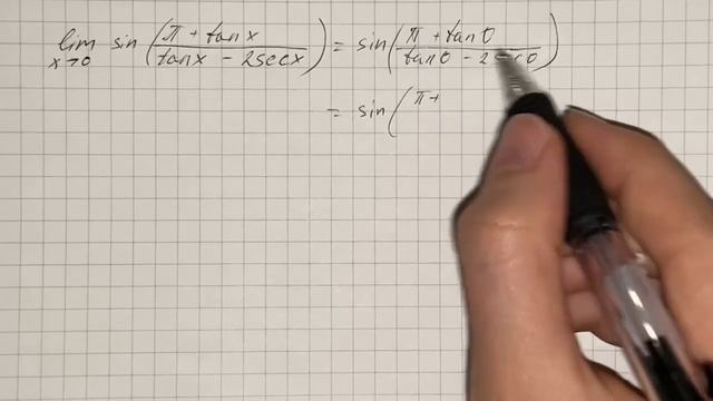 Find the limits\lim_{x\rightarrow0}\sin(\frac{\pi+\tan x}{\tan x-2\sec x}) | Plainmath смотреть онлайн