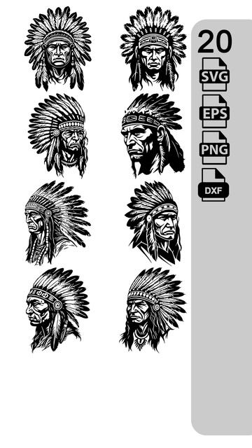 20 Indian American Chief Warrior Bundle | PNG, EPS, SVG, Dxf | Cricut, Stickers, Sublimation, Decal смотреть онлайн