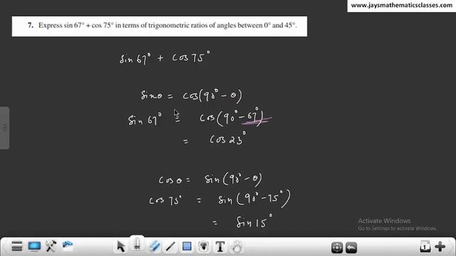 NCERT Class 10 Ex 8.3 Q7 Express sin 67° + cos 75° in terms of trigonometric ratios of angles смотреть онлайн