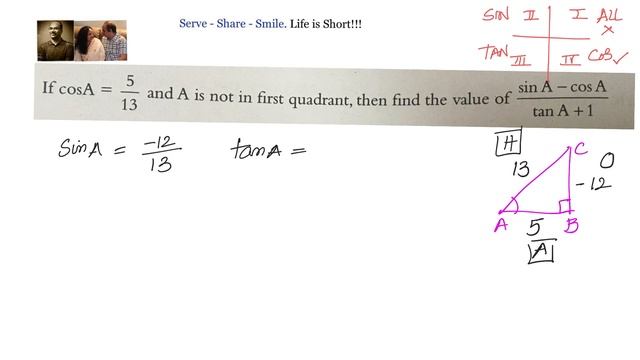 Trigonometry: If Cos A= 5/13 And A Not In First Quadrant Find The Value Of (Sin A+ Cos A)/(Tan A -1