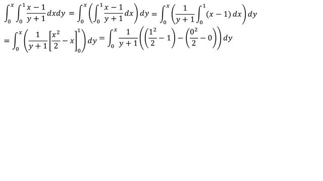 Double integral of x - 1 / y + 1 dx from 0 to 1 dy from 0 to x смотреть онлайн
