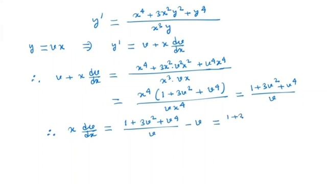 Solve: dy/dx=(x^4+3x^2y^2+y^4)/x^3y|| Homogeneous Differential equation || ODE смотреть онлайн