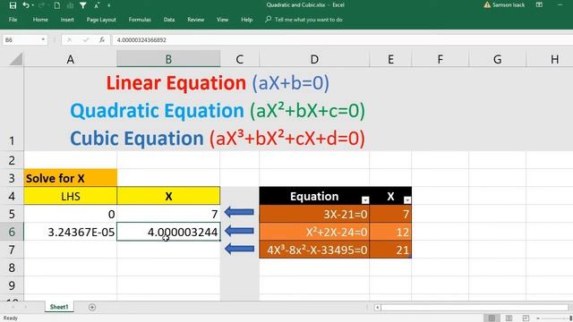 EXCEL: How solve Linear Equation aX+b=0 Quadratic Equation aX²+bX+c=0 Cubic Equation aX³+bX²+cX+d=0 смотреть онлайн
