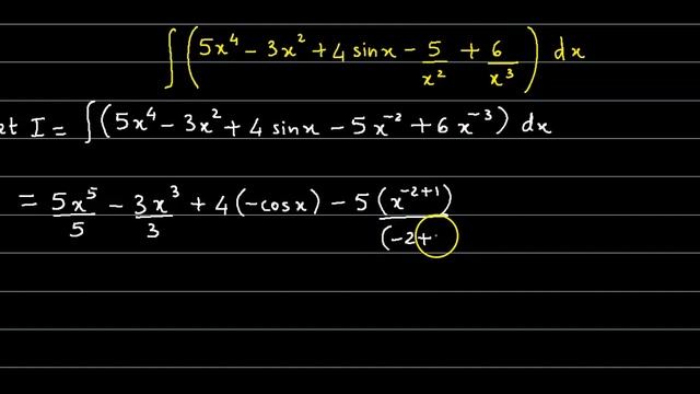 Integral of 5x ^ 4 - 3x ^ 2 + 4sin x - (5 / (x ^ 2)) + (6 / (x ^ 3)) смотреть онлайн