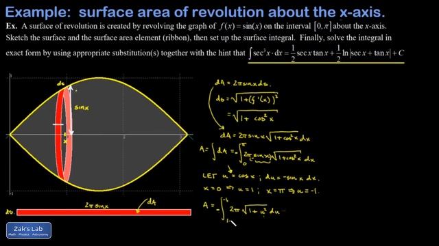 Surface area sin(x) revolved about x-axis. Thin strip method for surface area using calculus. смотреть онлайн