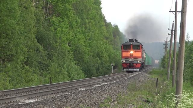 2ТЭ10М-2665 с грузовым поездом рядом со ст.Холмогорской. 1042 км. смотреть онлайн