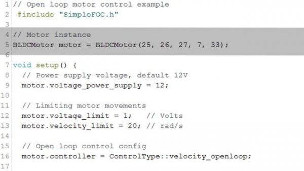 SimpleFOC - Open loop velocity control demo (ESP32)