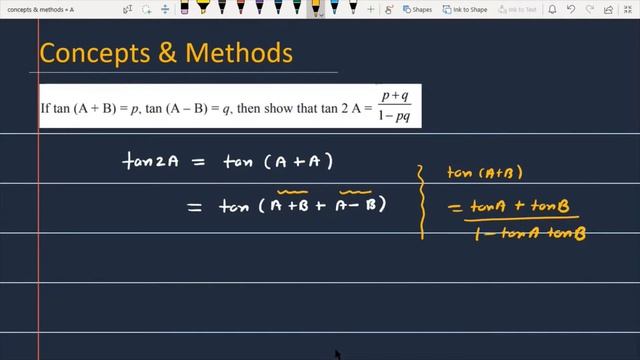 If'`tan(A+B)=p and tan(A-B)=q`,then show that `tan 2A=p+q/1-pq`||if tan(a+b)=p tan(a-b)=q find tan2 смотреть онлайн