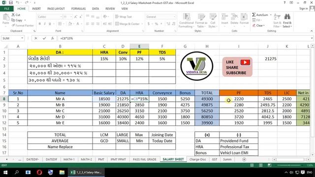 Employee salary sheet in excel Gujarati|DA,HRA,PF,TDS|MS Excel 2013 Uses|Excel gujarati practical смотреть онлайн
