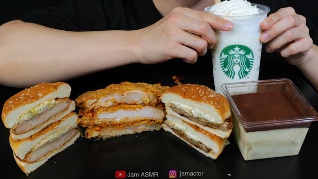 [4K]ASMR MUKBANG | Hamburger, Cheesy Zinger Triple Down, Lotteria, 징거트리플다운, 롯데리아, 데리버거, 새우버거, 스타벅스 смотреть онлайн