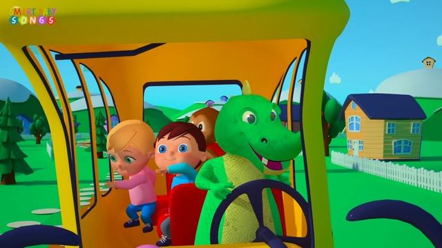 WHEELS ON THE BUS WITH YELLOW SCHOOL BUS AND FUNNY DINOSAUR DRIVER FROM SMARTBABYSONGS смотреть онлайн