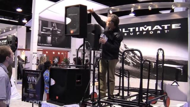 ULTIMATE SUPPORT TS-1000 AIR POWERED TRANSPORT CART AND SPEAKER STAND AT NAMM 2011 WITH I DJ NOW