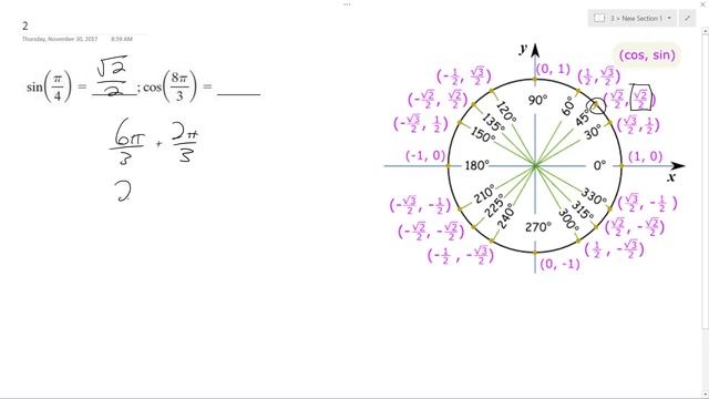 sin(pi/4) = ___ ; cos(8pi/3) = ___ смотреть онлайн