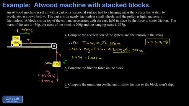 Atwood machine, block on cart: compute the minimum static friction coefficient to avoid slipping. смотреть онлайн