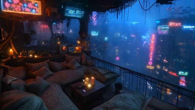 Киберпанк балкон над городом. Дождь и атмосферная музыка 🌙 Эмбиент смотреть онлайн