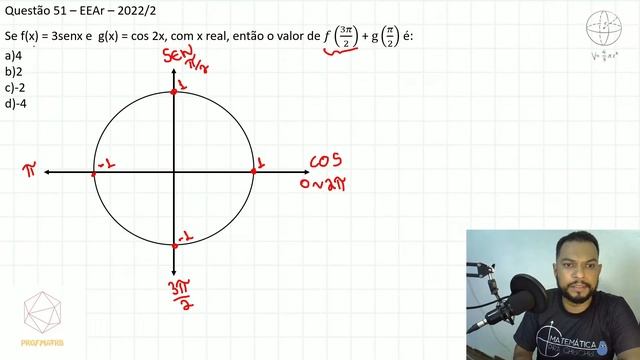 EEAr 2023. 2 - Se f(x) = 3senx e g(x) = cos 2x, com x real, então o valor de 𝑓(3𝜋/2) + g(𝜋/2) é: смотреть онлайн