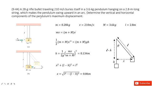 (9-44) A 28-g rifle bullet traveling 210 m/s buries itself in a 3.6-kg pendulum hanging on a 2.8-m- смотреть онлайн