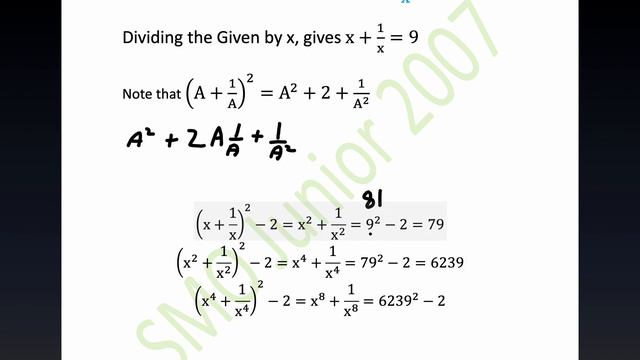Given x^2 - 9x + 1 = 0, what is the last digit of x^8 + 1/x^8, Similar SMO 2007 Junior Problem 10 смотреть онлайн