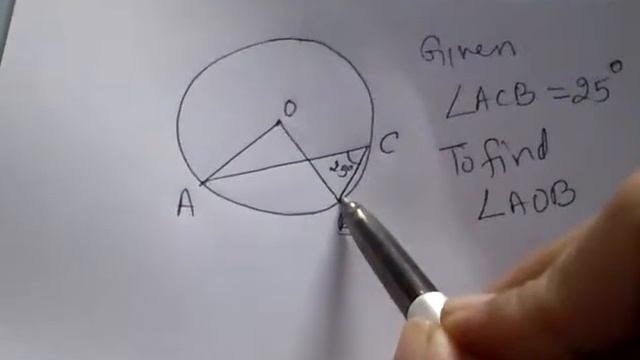 In the given figure, angle ACB = 25 degrees. Find angle AOB. смотреть онлайн