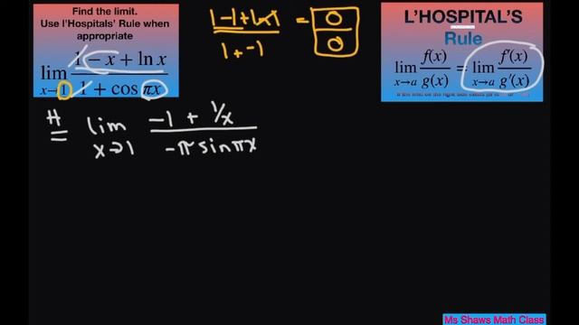 Find the limit as x approaches 1 for (1- x + ln x)/(1+ cos pi x). l’Hopital’s Rule смотреть онлайн