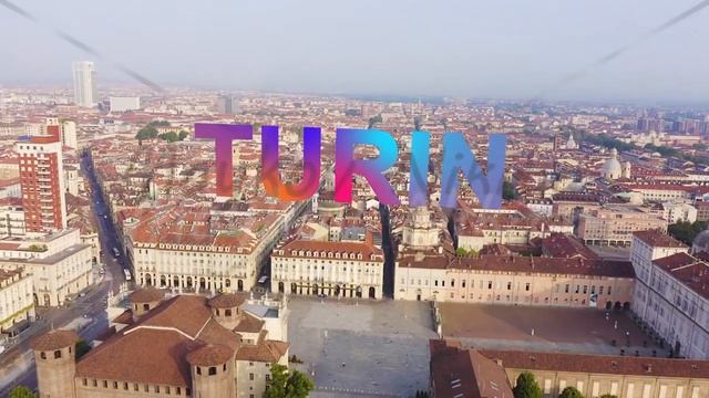 Inscription on video. Turin, Italy. Flight over the city. Historical center, top view. Castle Squar смотреть онлайн