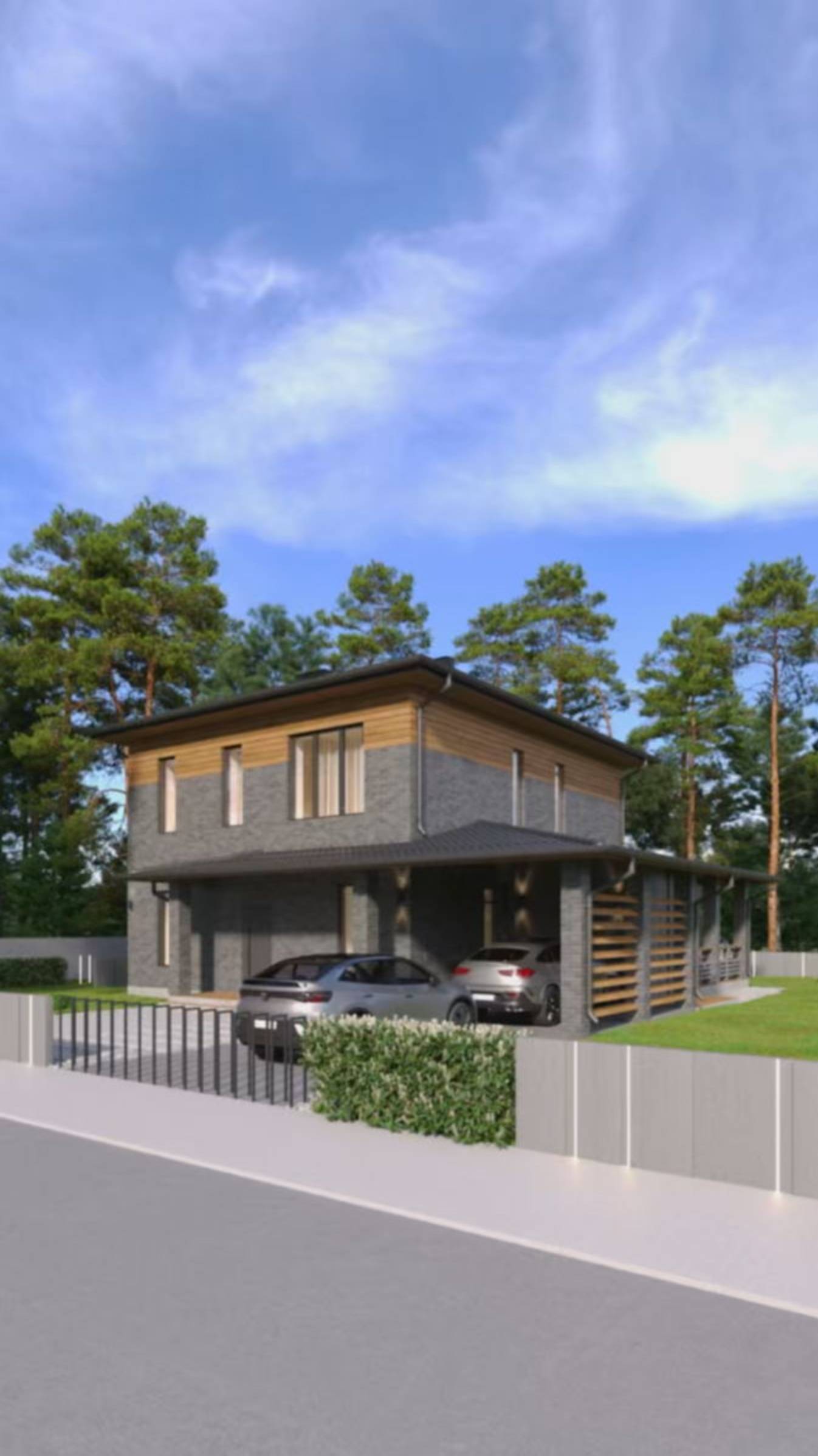 ПРОЕКТ ДВУХЭТАЖНОГО ДОМА С НАВЕСОМ И ТЕРРАСОЙ. ДОМ С ФАСАДАМИ ИЗ КИРПИЧА И ПЛАНКЕНА ИЗ ЛИСТВЕННИЦЫ смотреть онлайн