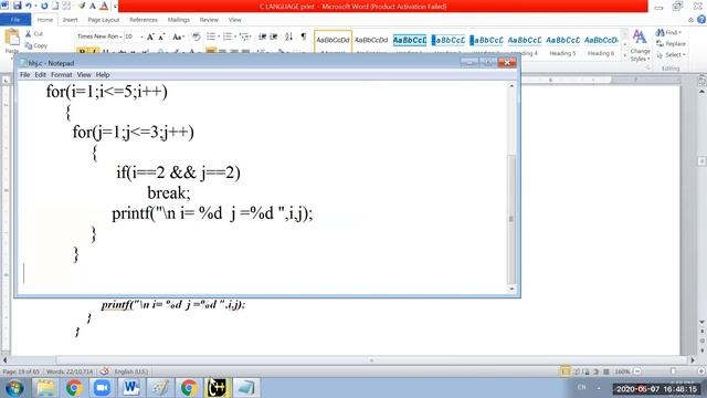 break & continue used in Nested loop conept using C смотреть онлайн
