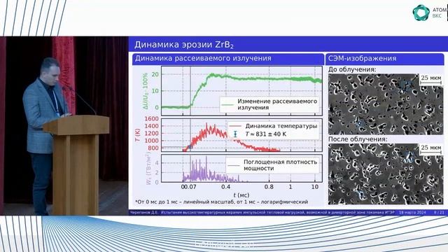 Испытания высокотемпературных керамик импульсной тепловой нагрузкой, возможной в диверторе ИТЭР смотреть онлайн