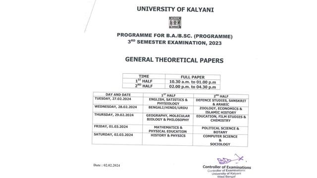 Kalyani university BA B.SC B.COM Honours & Pass 3rd semester exam routine 2023-24 смотреть онлайн