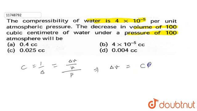 The compressibility of water is `4xx10^-5` per unit atmospheric pressure. The decrease in volume of смотреть онлайн