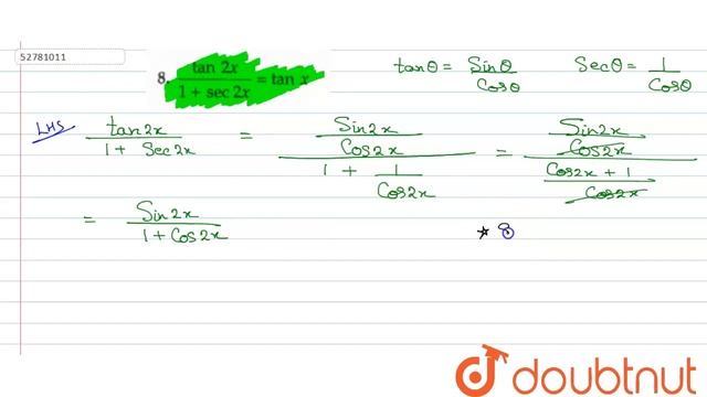`(tan 2x)/(1+ sec 2x) = tan x``("sin x - cos x")^(2) =1- sin 2x ` смотреть онлайн