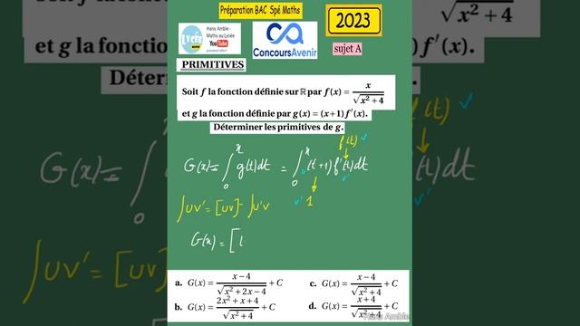Difficile !!! - Term spé maths -PRIMITIVE - concours avenir 2023-question 37 смотреть онлайн