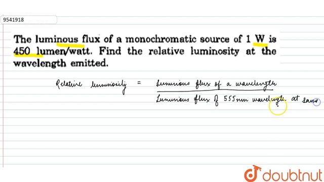 The luminous flux of a monochromatic source of 1 W is 450 lumen `watt^-1`. Find the relative lum... смотреть онлайн