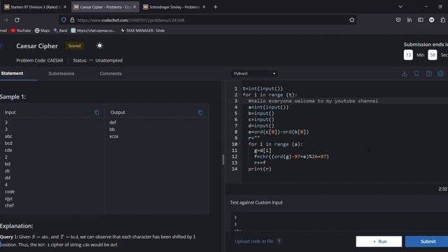 Caesar Cipher Codechef Solution || Starters 97 Solution #codechefsolution #pythonprogramming смотреть онлайн