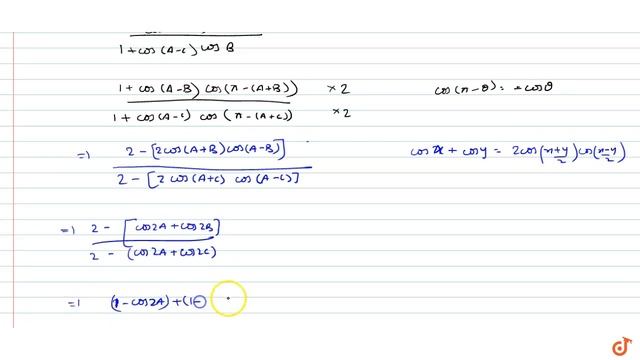 In triangle `ABC` `(1+cos(A-B)cosC)/(1+cos(A-C)cosB)=` смотреть онлайн