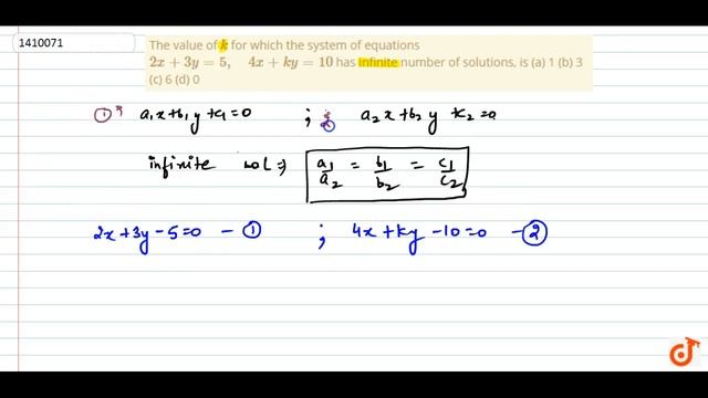 The value of `k`
for which the system of equations `2x+3y=5,\ \ \ \ 4x+k y=10`
has infinite смотреть онлайн