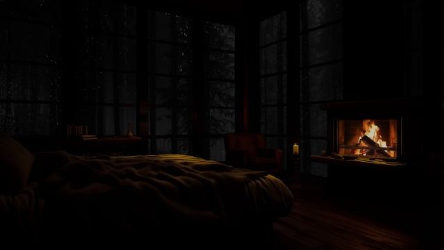 Cozy Bedroom Atmosphere with Gentle Night Rain and Fire Sound - 24 hours - Rain Sound смотреть онлайн