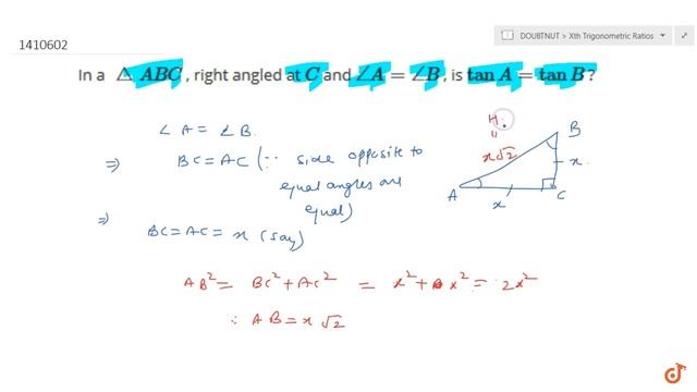 "In a ` /_\A B C`, right angled at `C`and `/_A=/_B`, is `tanA=tanB`?" смотреть онлайн