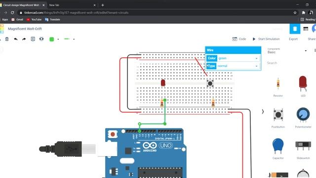 TinkerCAD Circuit's (Push Button & LED) смотреть онлайн