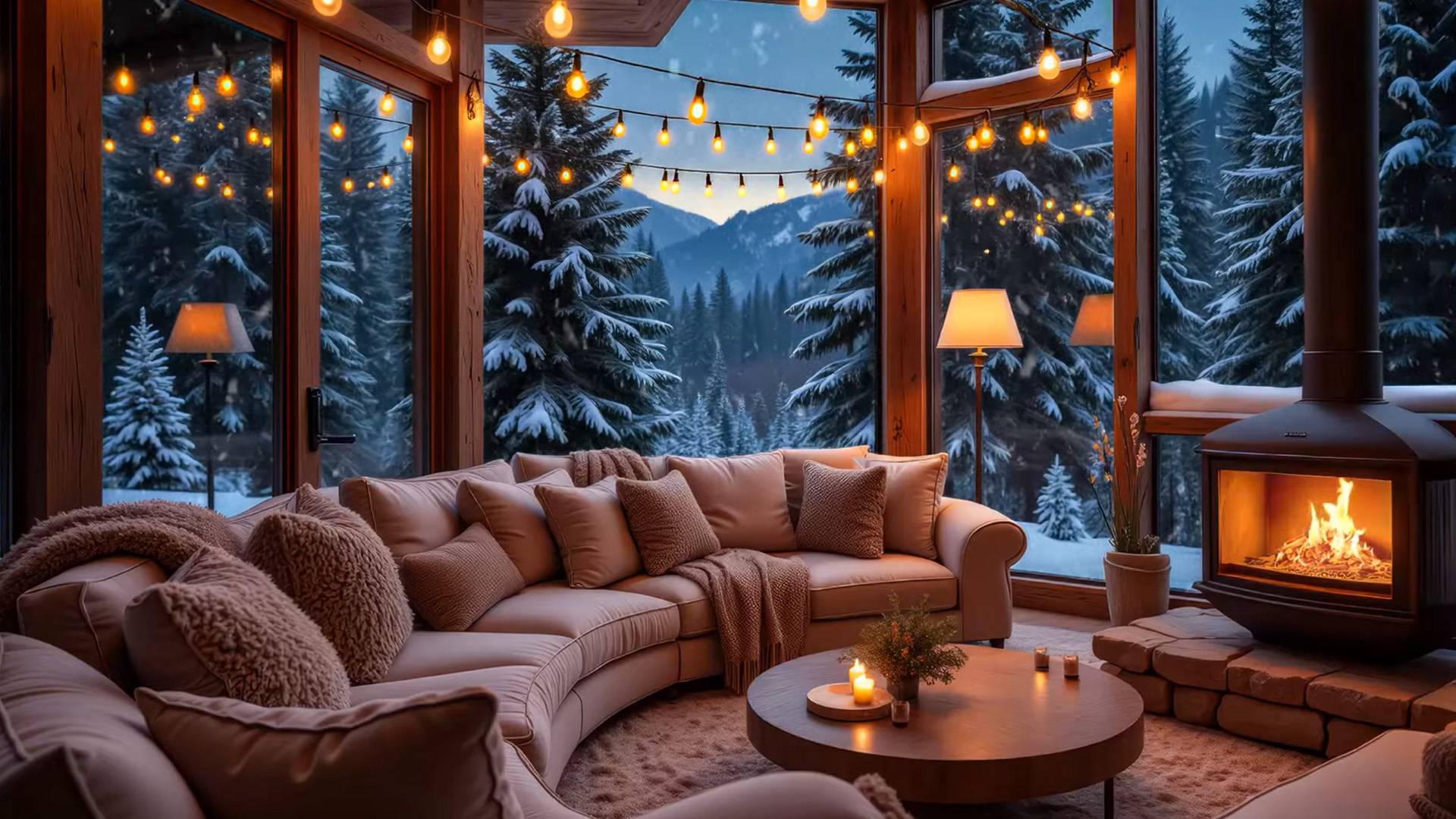 Приятный Камин в Уютной Беседке с Прекрасным Зимним Видом на Горы смотреть онлайн